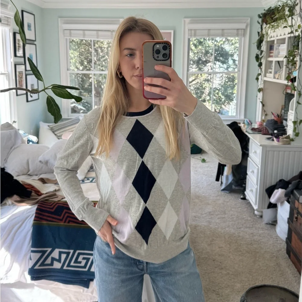 J. Crew Gray Argyle Sweater with Navy and Light Pink